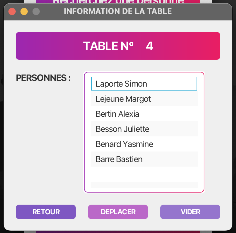 informations d'une table